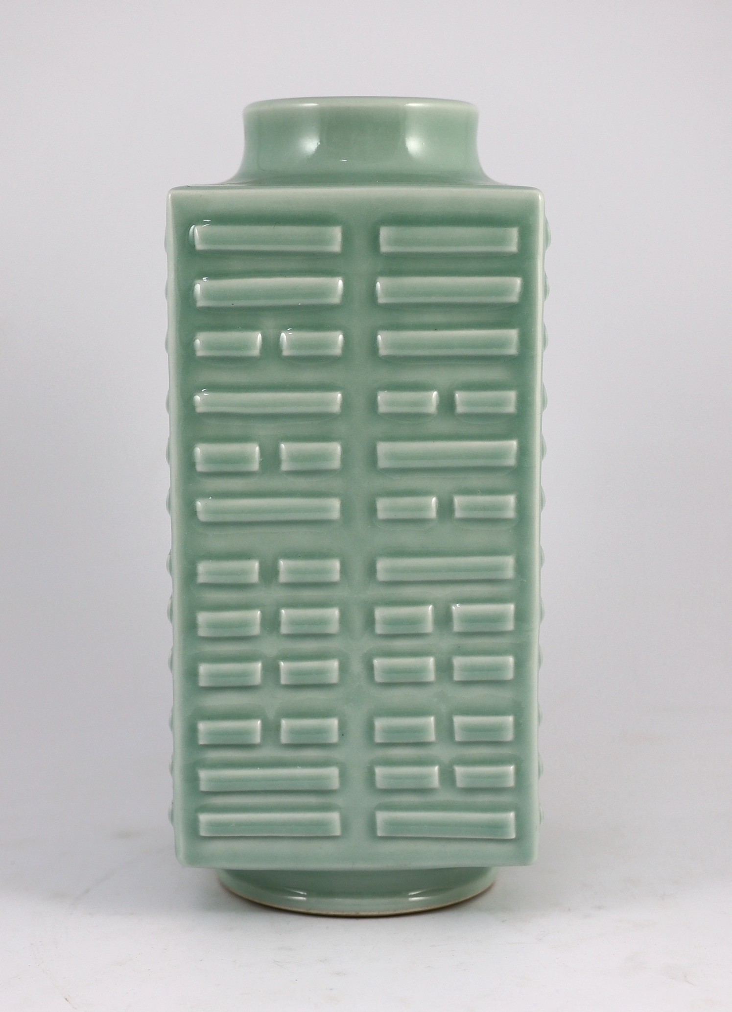 A Chinese celadon glazed ‘eight trigrams’ square vase, cong, Guangxu six character mark probably later, 30cm high